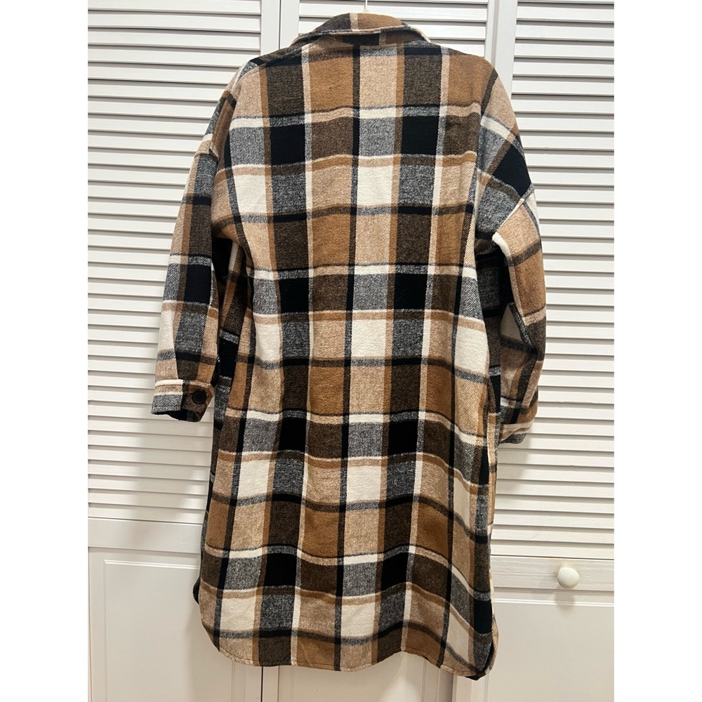 Collared Button Down Plaid Long Shacket | Brown F… - image 4